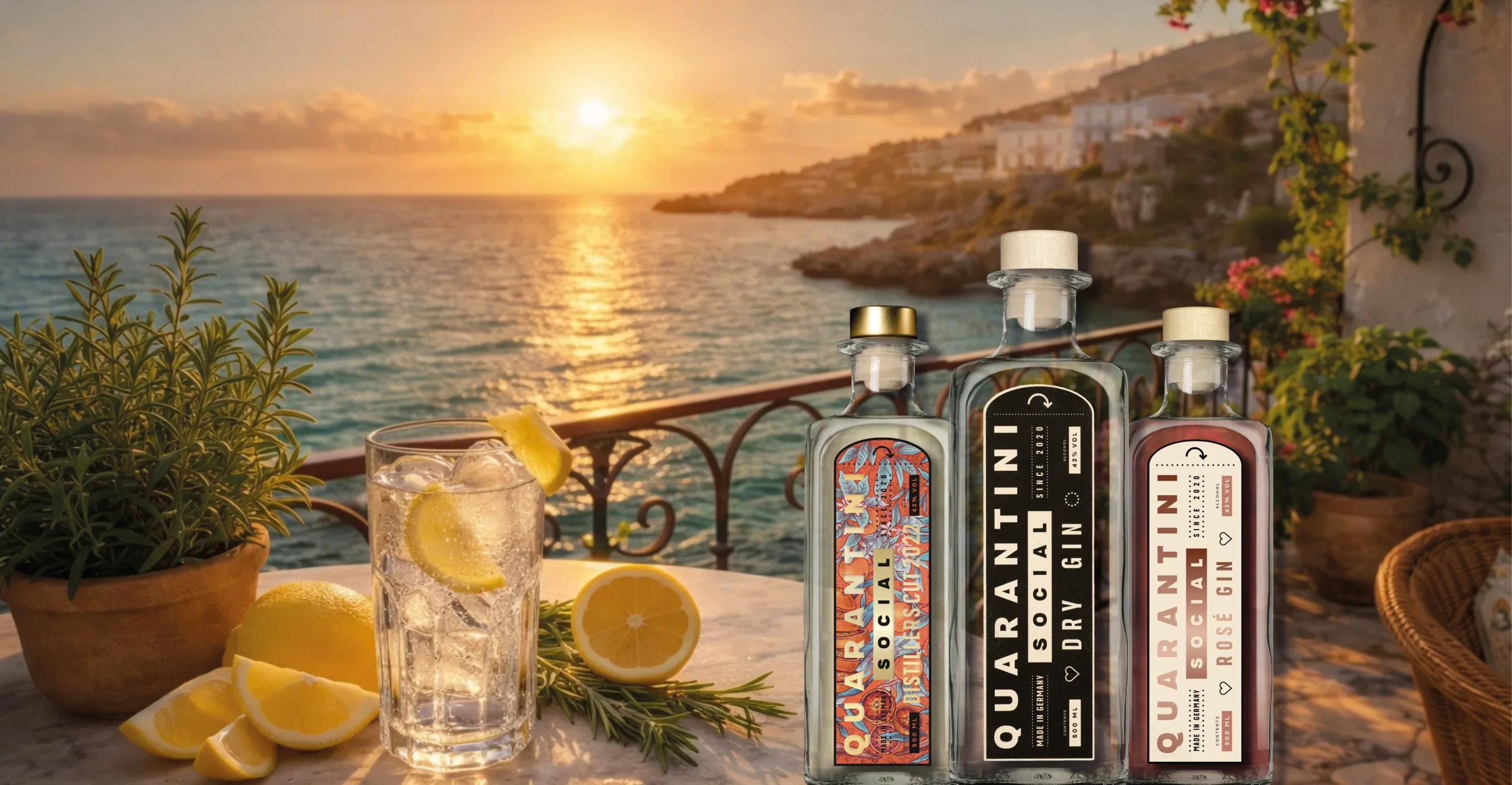 Quarantini Gin vor Sonnenuntergang an der Amalfi-Küste