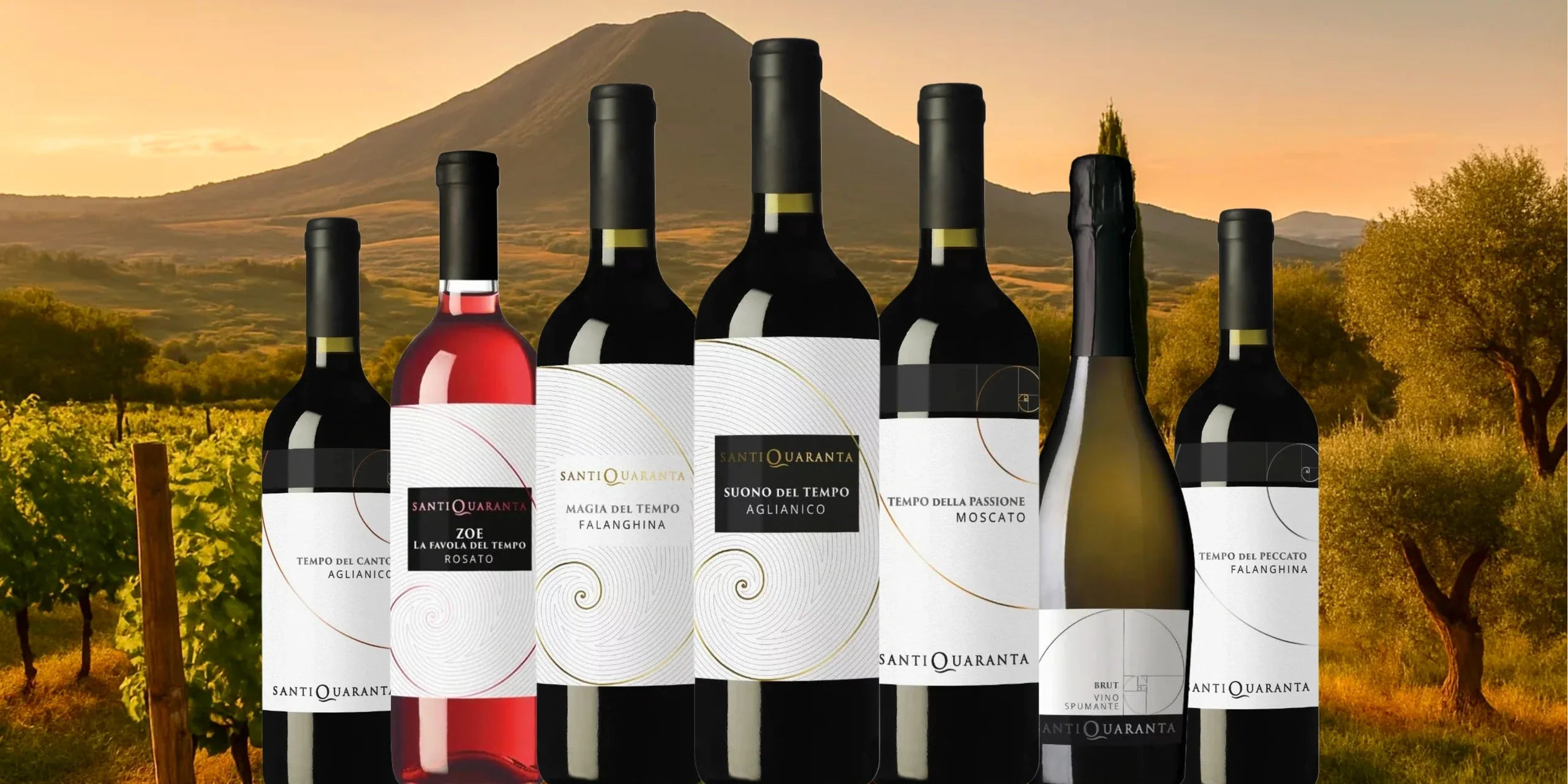 Santiquaranta Weine vor den Weinbergen des Sannio in der Benevento-Provinz in Kampanien