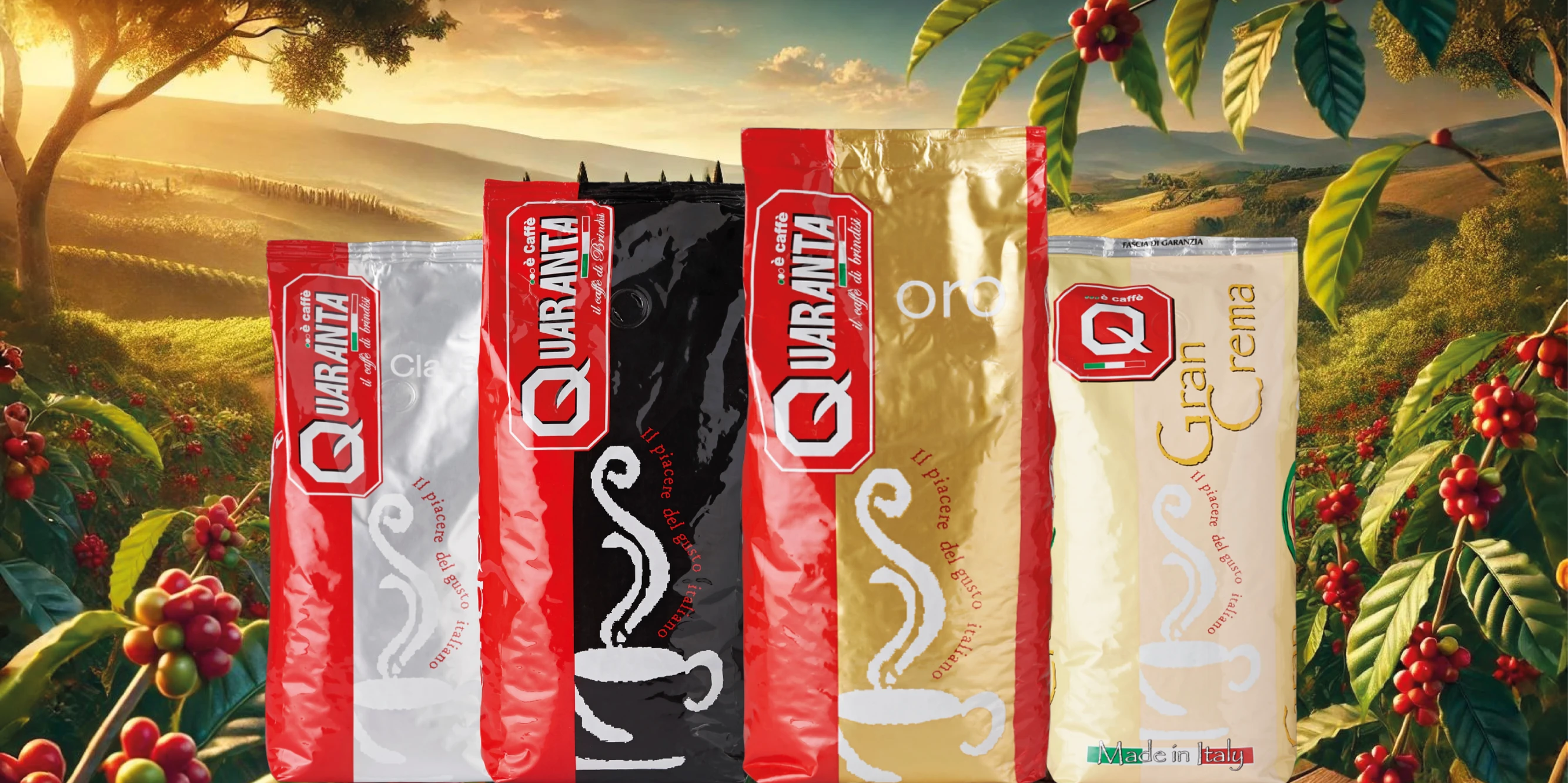 Quaranta Caffè vor italienischer Kulisse mit Kaffeepflanzen