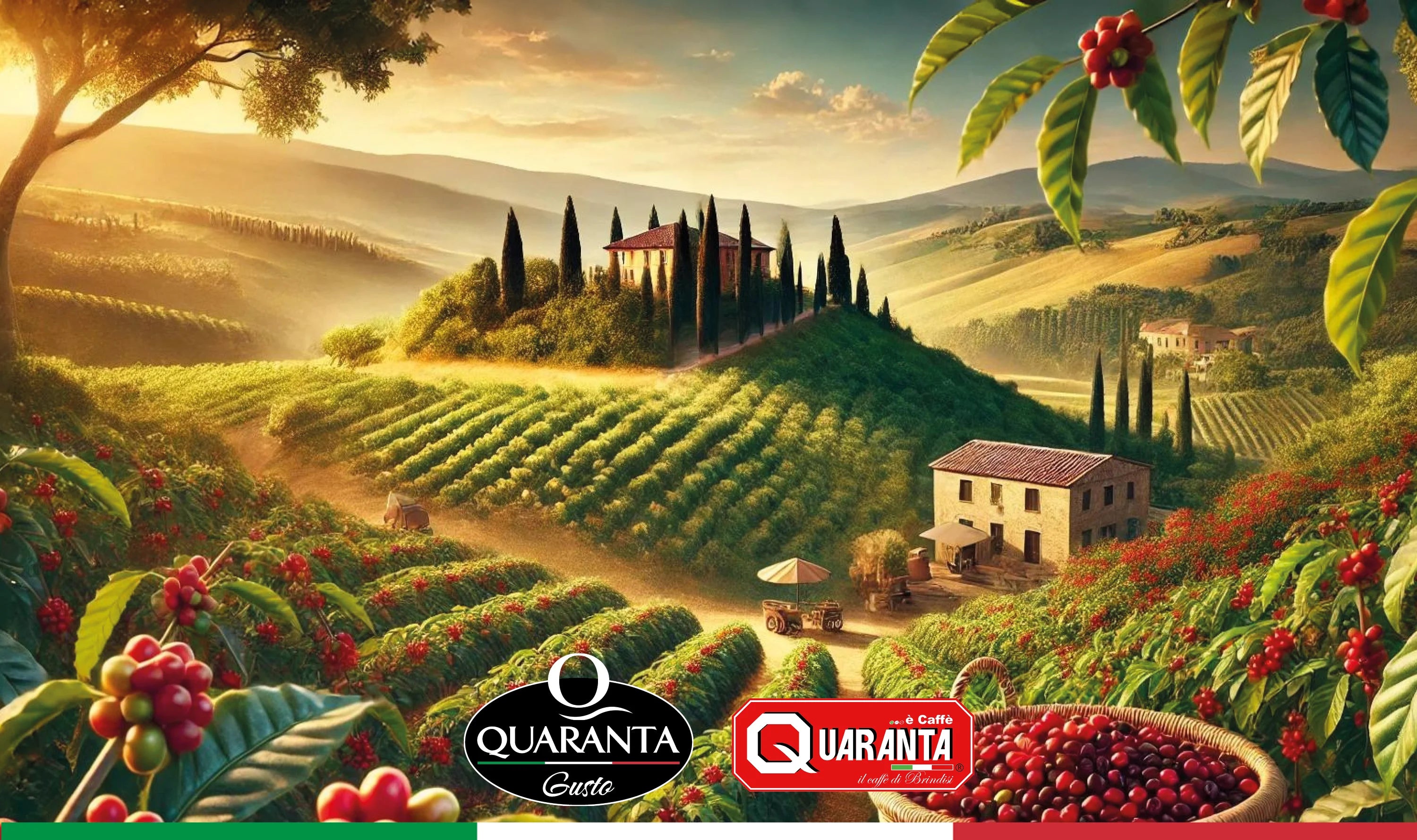 Heimat des Quaranta Caffè – süditalienische Landschaft mit Illustrationen von Kaffeebohnen