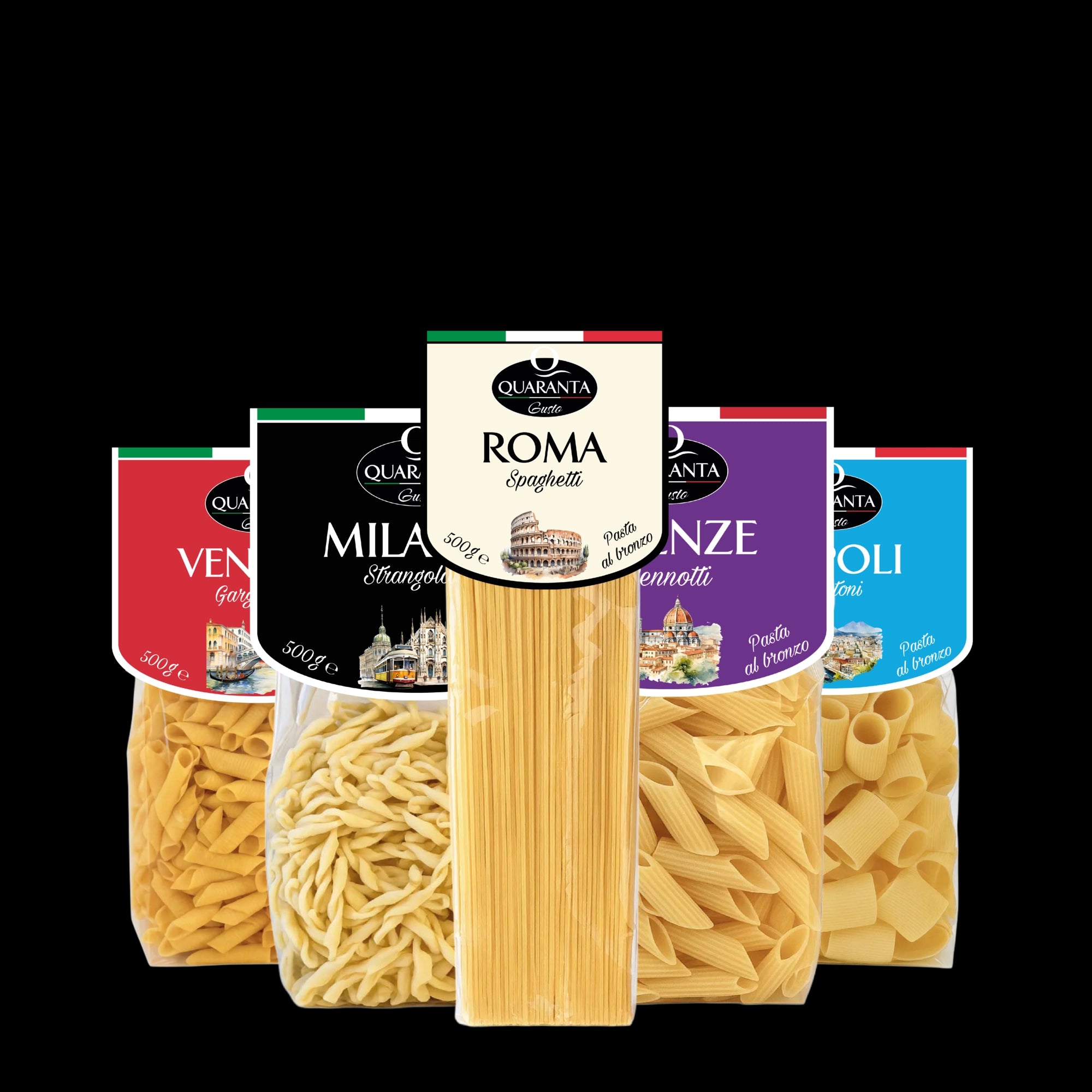 Handgemachte italienische Pasta im Probier-Set – mit den Städte-Editionen Venezia, Milano, Roma, Firenze und Napoli.