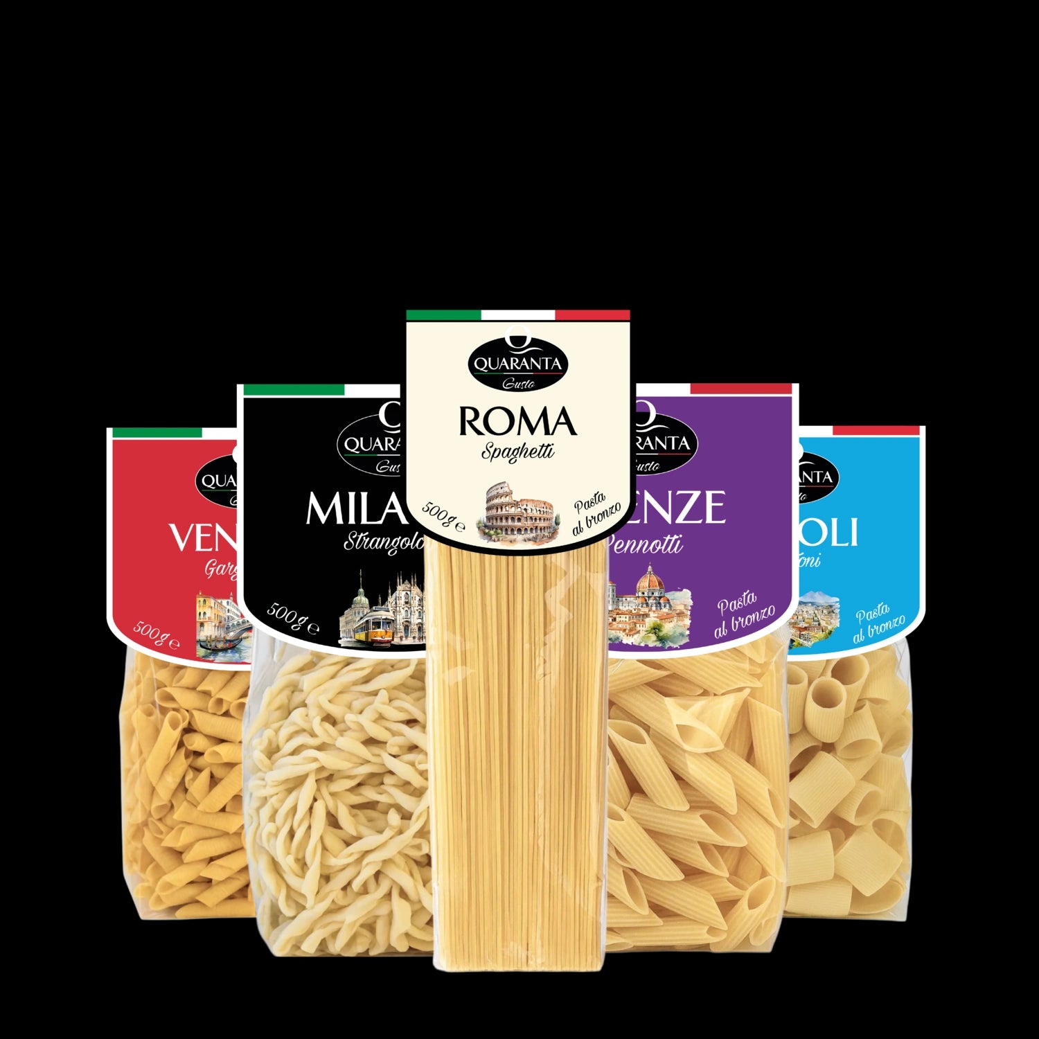 Handgemachte italienische Pasta im Probier-Set – mit den Städte-Editionen Venezia, Milano, Roma, Firenze und Napoli.