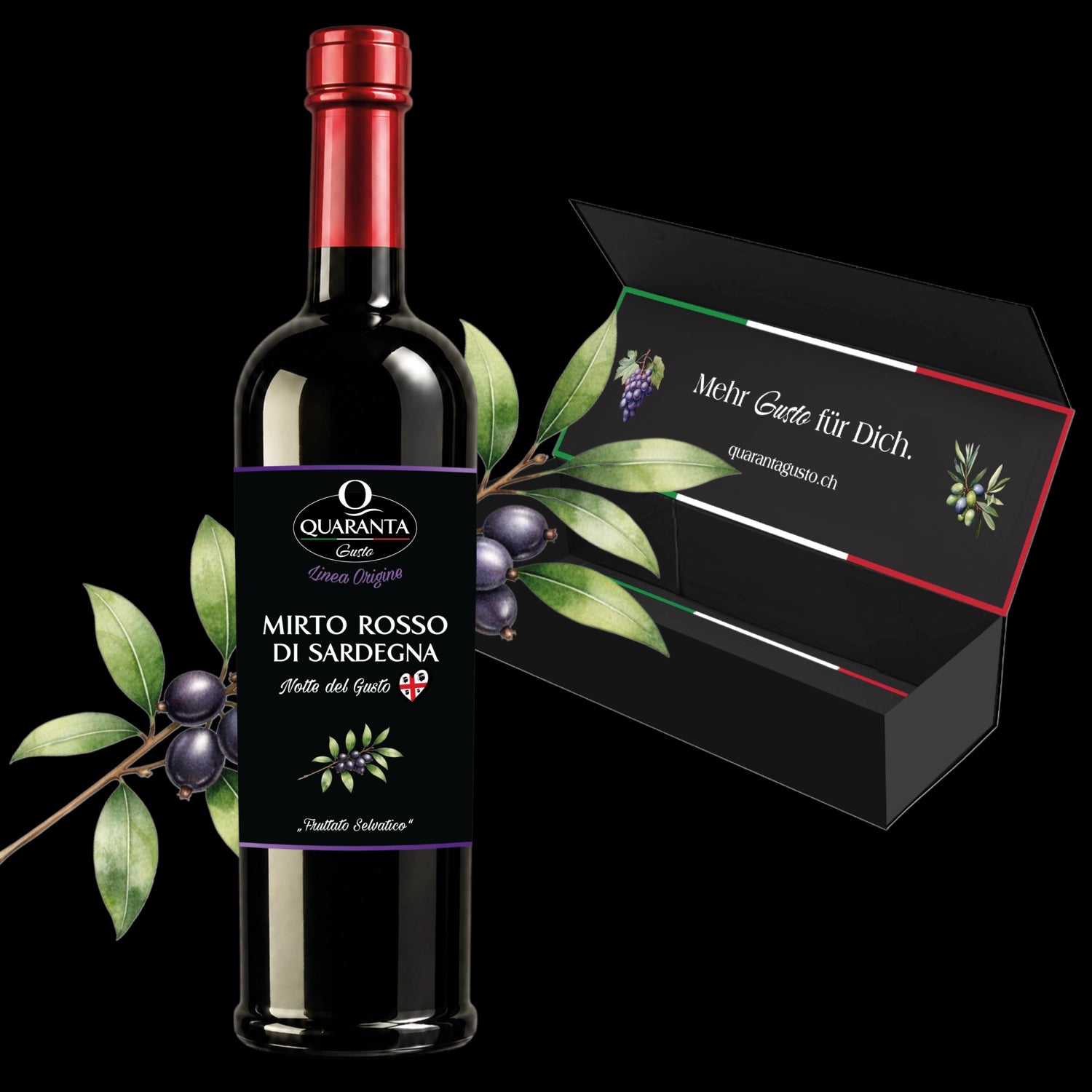 Quaranta Gusto „Notte del Gusto“ Mirto-Likör aus Sardinien in der 0.7L Flasche mit Geschenkbox