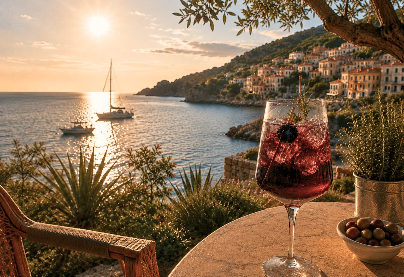 Ein Glas Mirto Spritz vor mediterraner Kulisse – ein sardischer Aperitivo aus Mirto Rosso Likör, Spumante & Mineralwasser.
