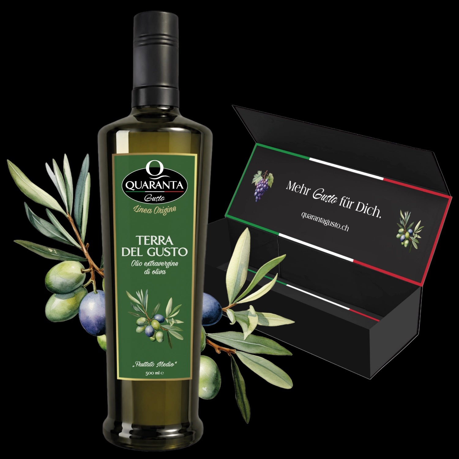 Quaranta Gusto „Terra del Gusto“ Olivenöl aus Sardinien in der 0.5L Flasche mit „Mehr Gusto für Dich“ Geschenkbox