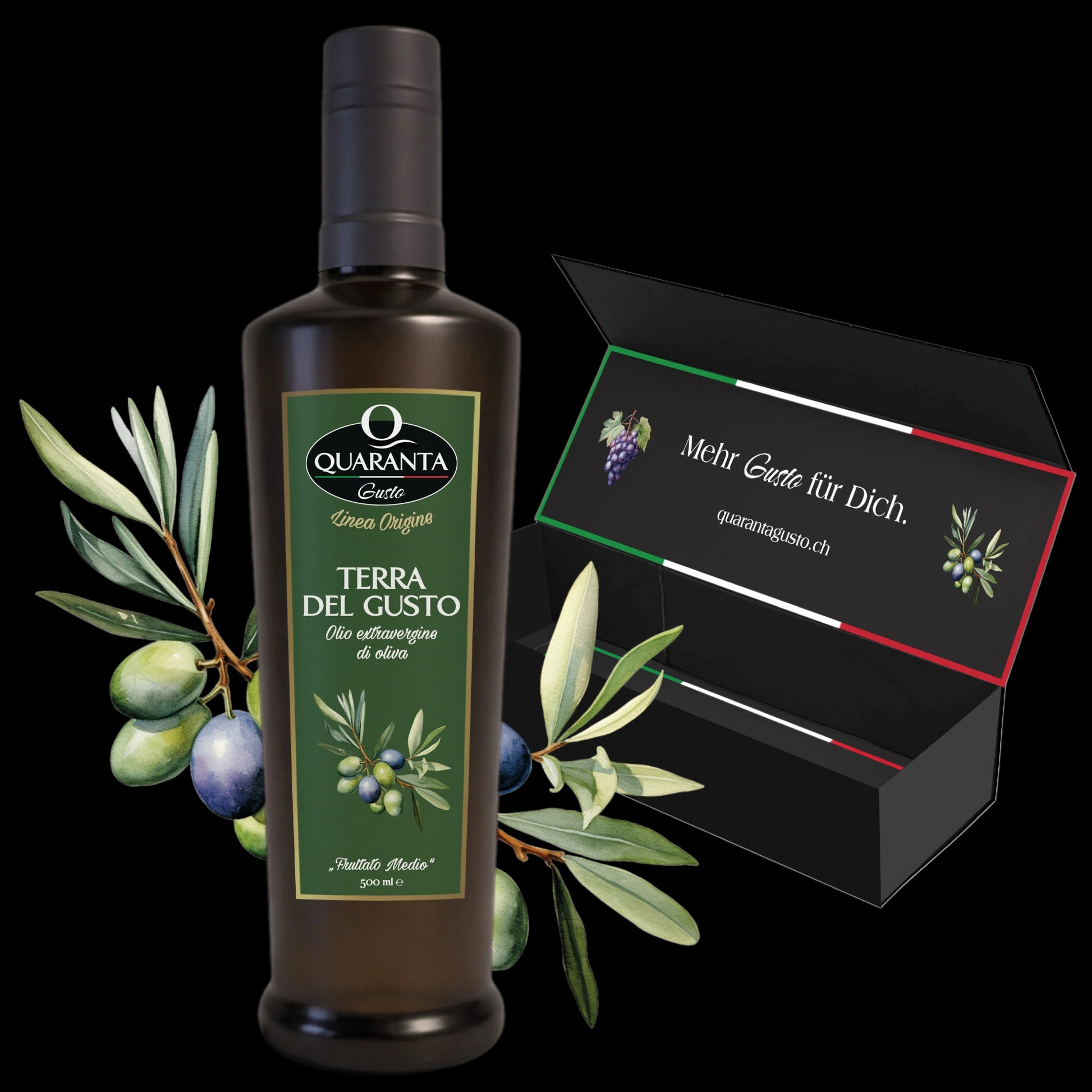 Quaranta Gusto „Terra del Gusto“ Olivenöl aus Sardinien 0.5L Flasche in der „Mehr Gusto für Dich“ Geschenkbox