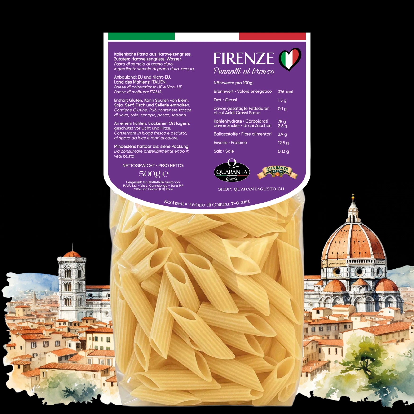 Quaranta Pasta Firenze – Pennotti al bronzo vor der Silhouette der Stadt Florenz (Rückseite)