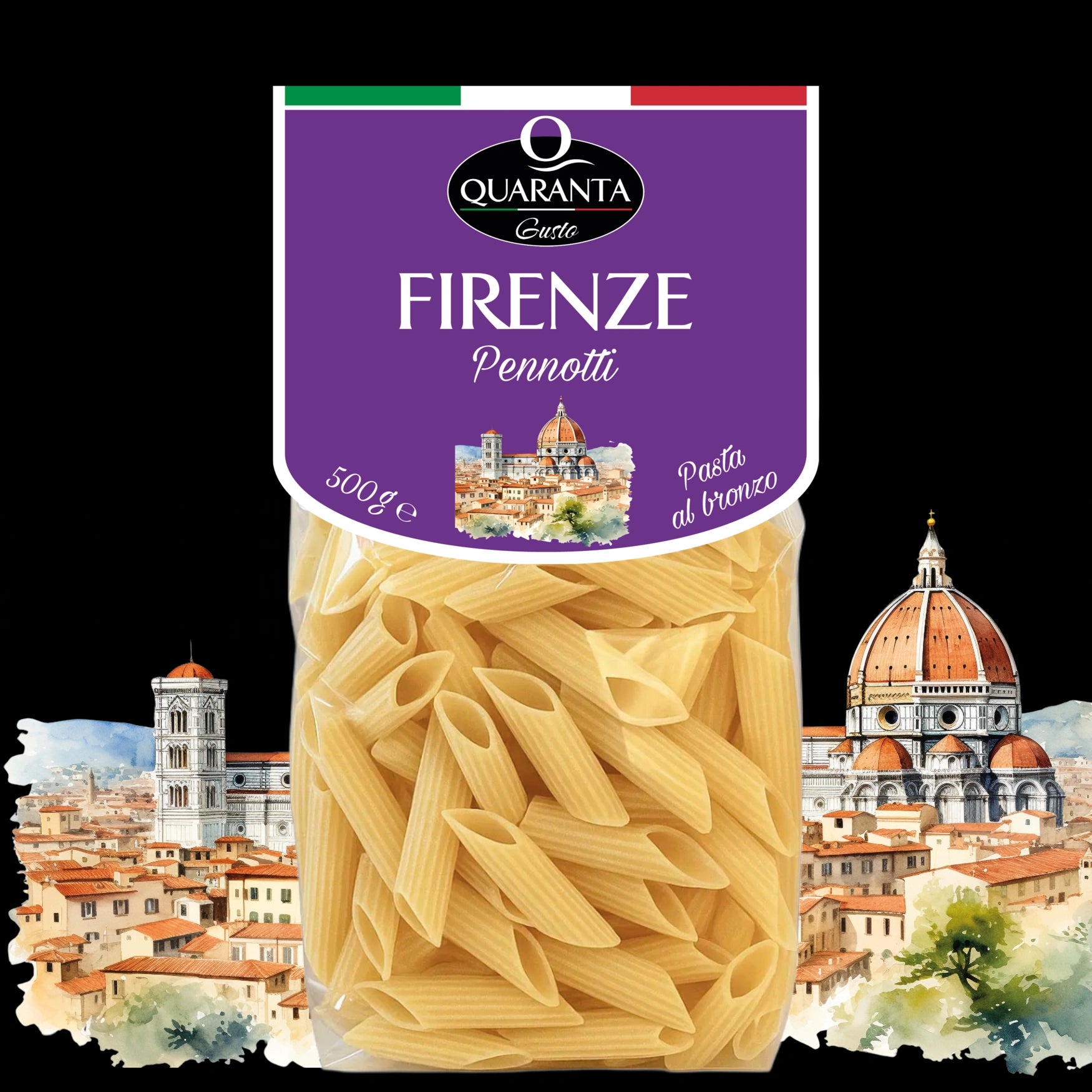 Quaranta Pasta Firenze – Pennotti al bronzo vor der Silhouette der Stadt Florenz (Vorderseite)