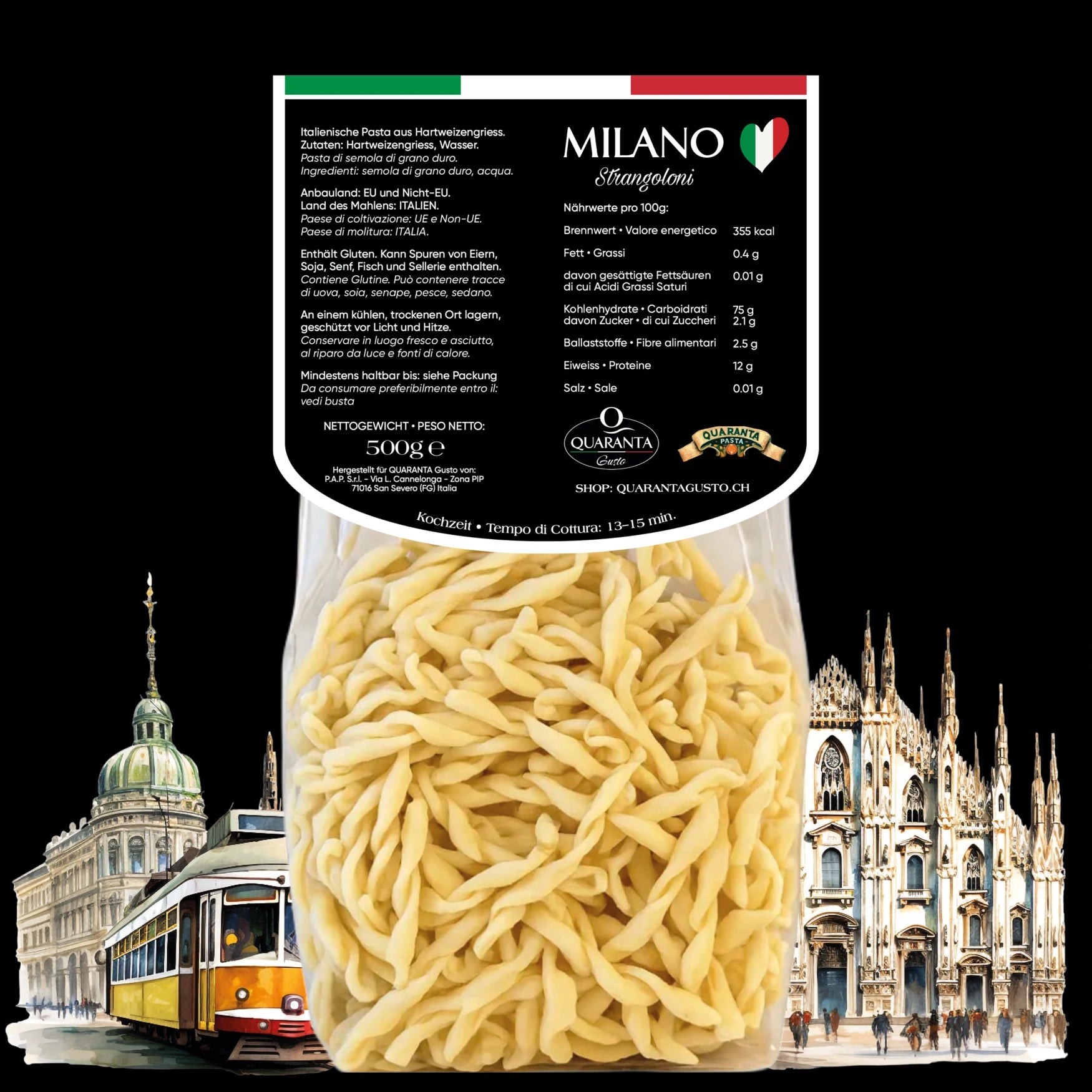 Quaranta Pasta Milano – Strangoloni Tradizionale vor der Silhouette der Stadt Mailand (Rückseite)