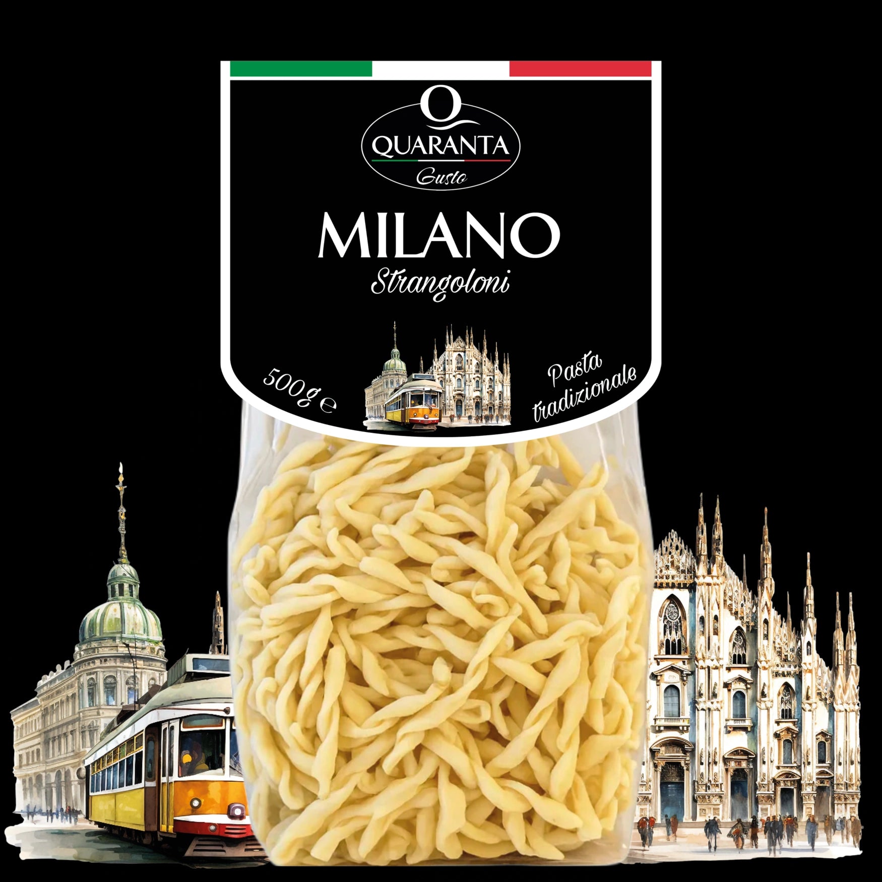 Quaranta Pasta Milano – Strangoloni Tradizionale vor der Silhouette der Stadt Mailand (Vorderseite)