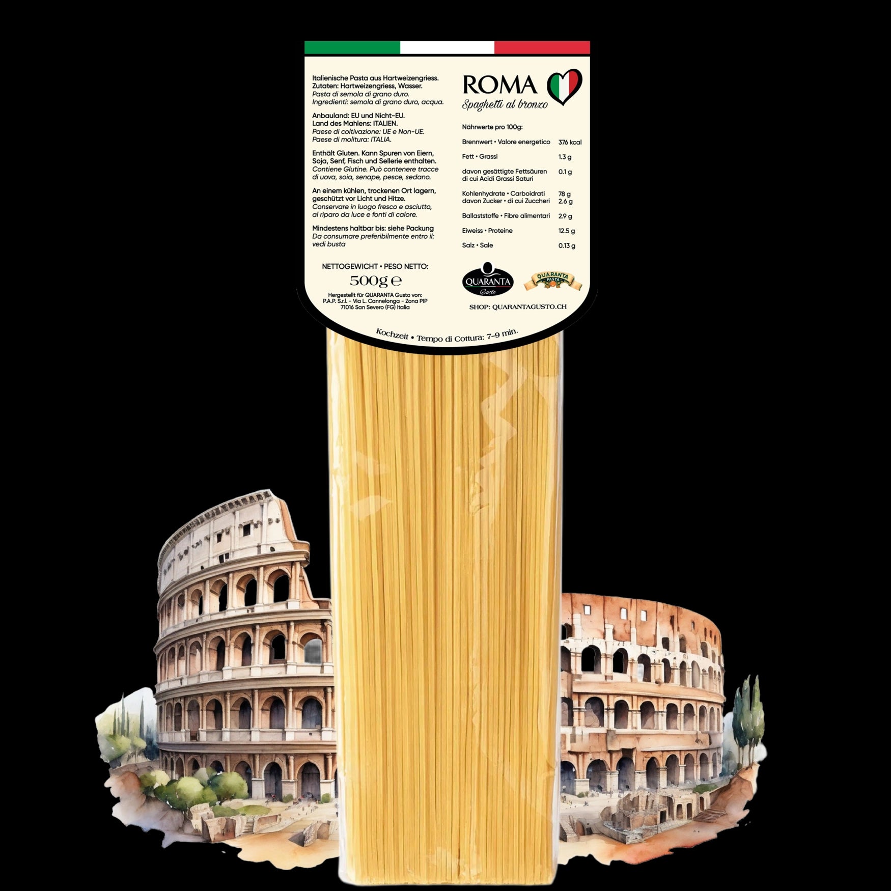 Quaranta Pasta Roma – Spaghetti al bronzo vor der Silhouette der Stadt Rom (Rückseite)