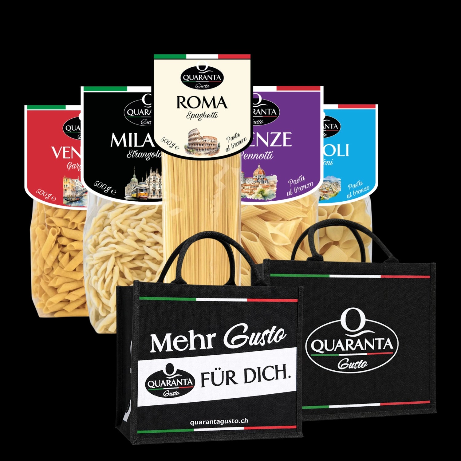 Handgemachte italienische Pasta im Probier-Set – mit hochwertiger Jute-Tasche im „Mehr Gusto für Dich“ Design