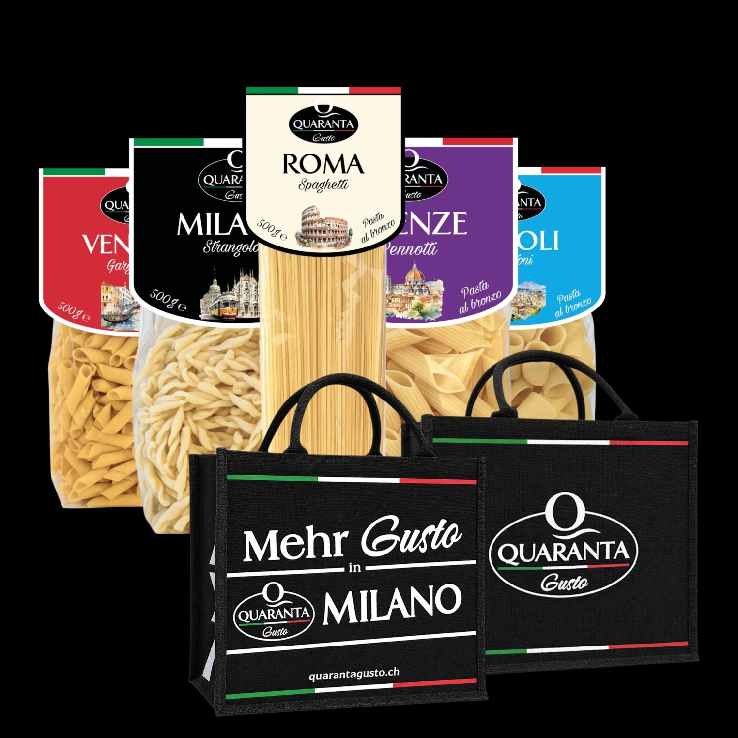 Handgemachte italienische Pasta im Probier-Set – mit hochwertiger Jute-Tasche im „Mehr Gusto in Milano“ Design