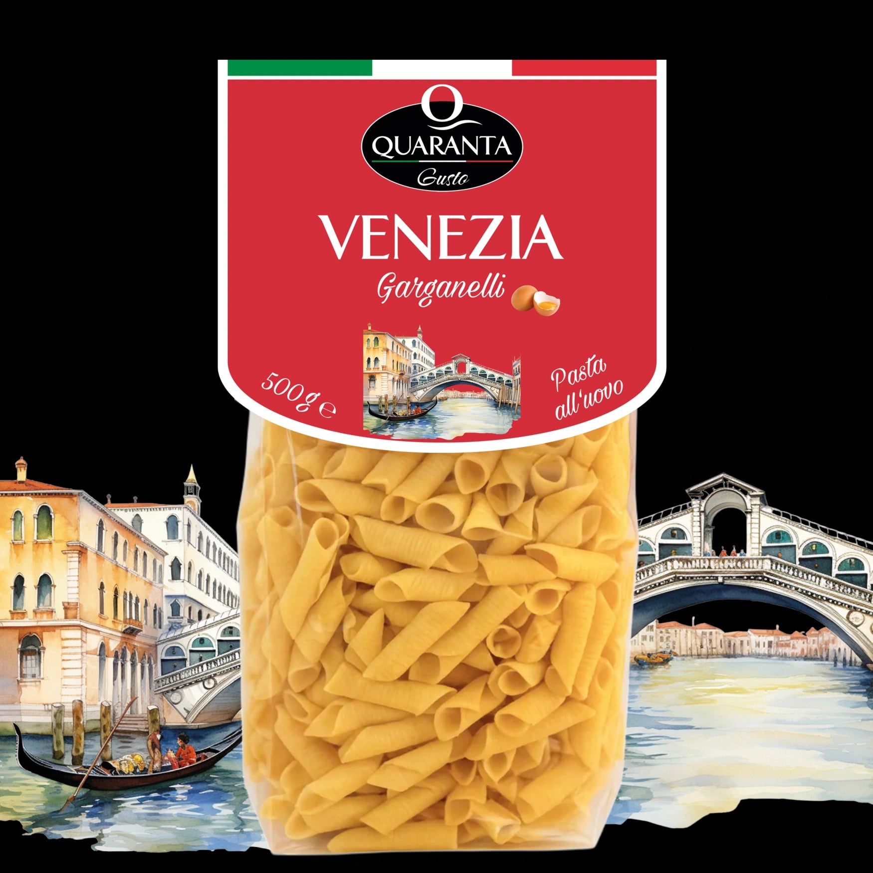 Quaranta Pasta Venezia – Garganelli all'uovo vor der Silhouette der Stadt Venedig (Vorderseite)