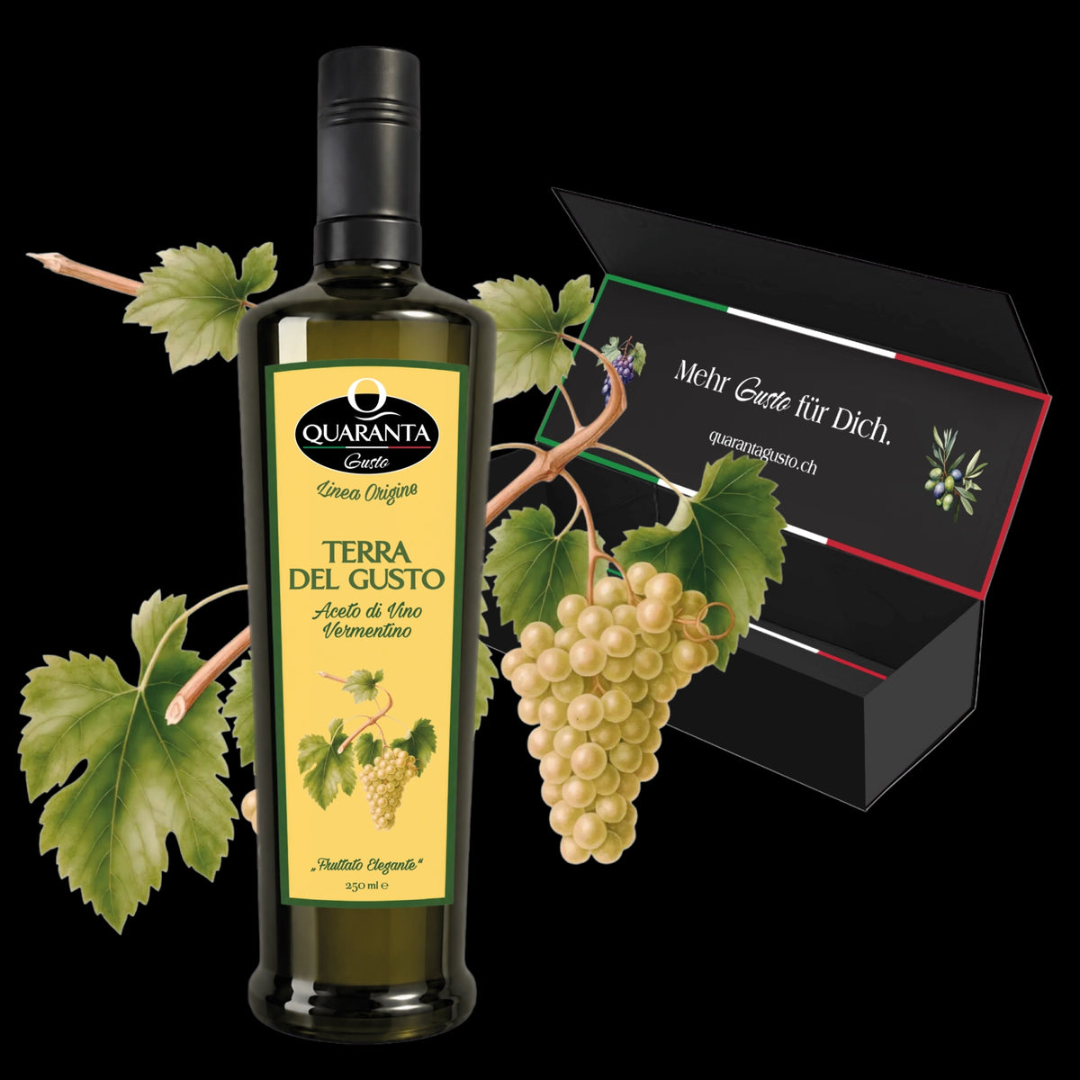 Quaranta „Terra del Gusto“ italienischer Weinessig aus sardischem Vermentino – 0.25L-Flasche mit Geschenkbox