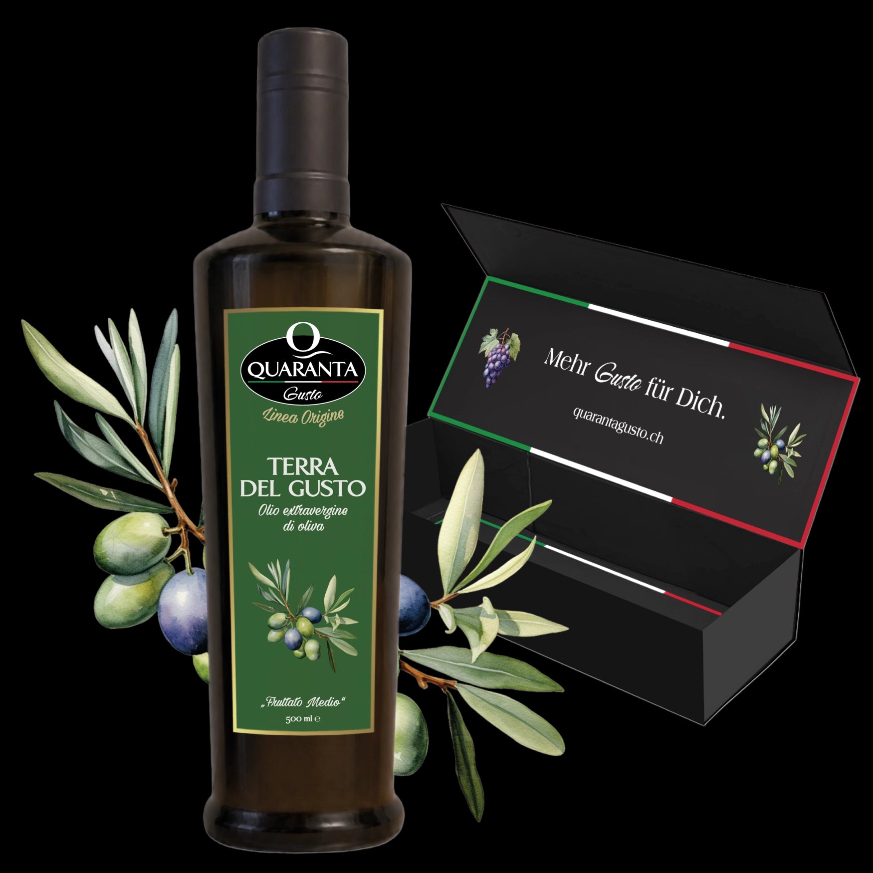 Quaranta Gusto „Terra del Gusto“ Olivenöl aus Sardinien in der 0.5L Flasche mit Geschenkbox