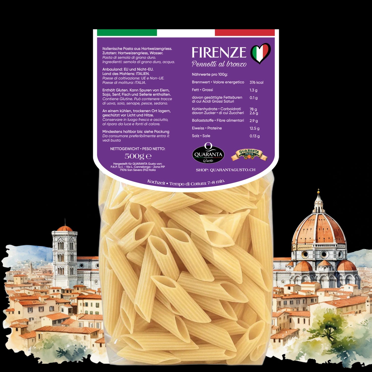 Quaranta Pasta Firenze – Pennotti al bronzo vor der Silhouette der Stadt Florenz (Rückseite)