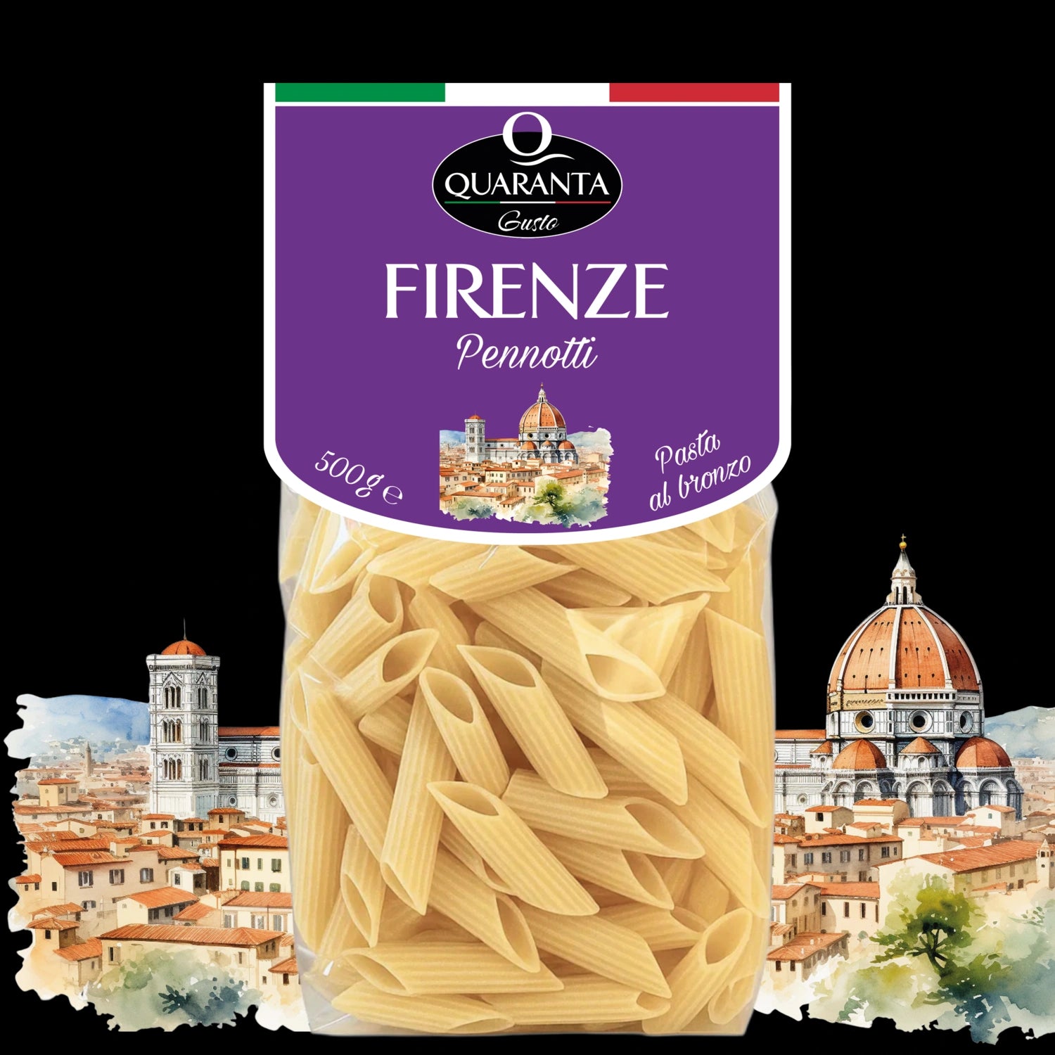 Quaranta Pasta Firenze – Pennotti al bronzo vor der Silhouette der Stadt Florenz (Vorderseite)