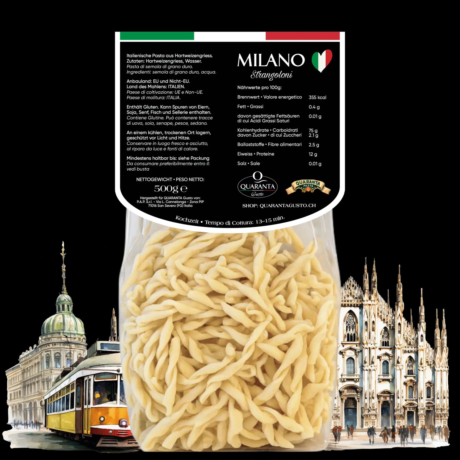 Quaranta Pasta Milano – Strangoloni Tradizionale vor der Silhouette der Stadt Mailand (Rückseite)