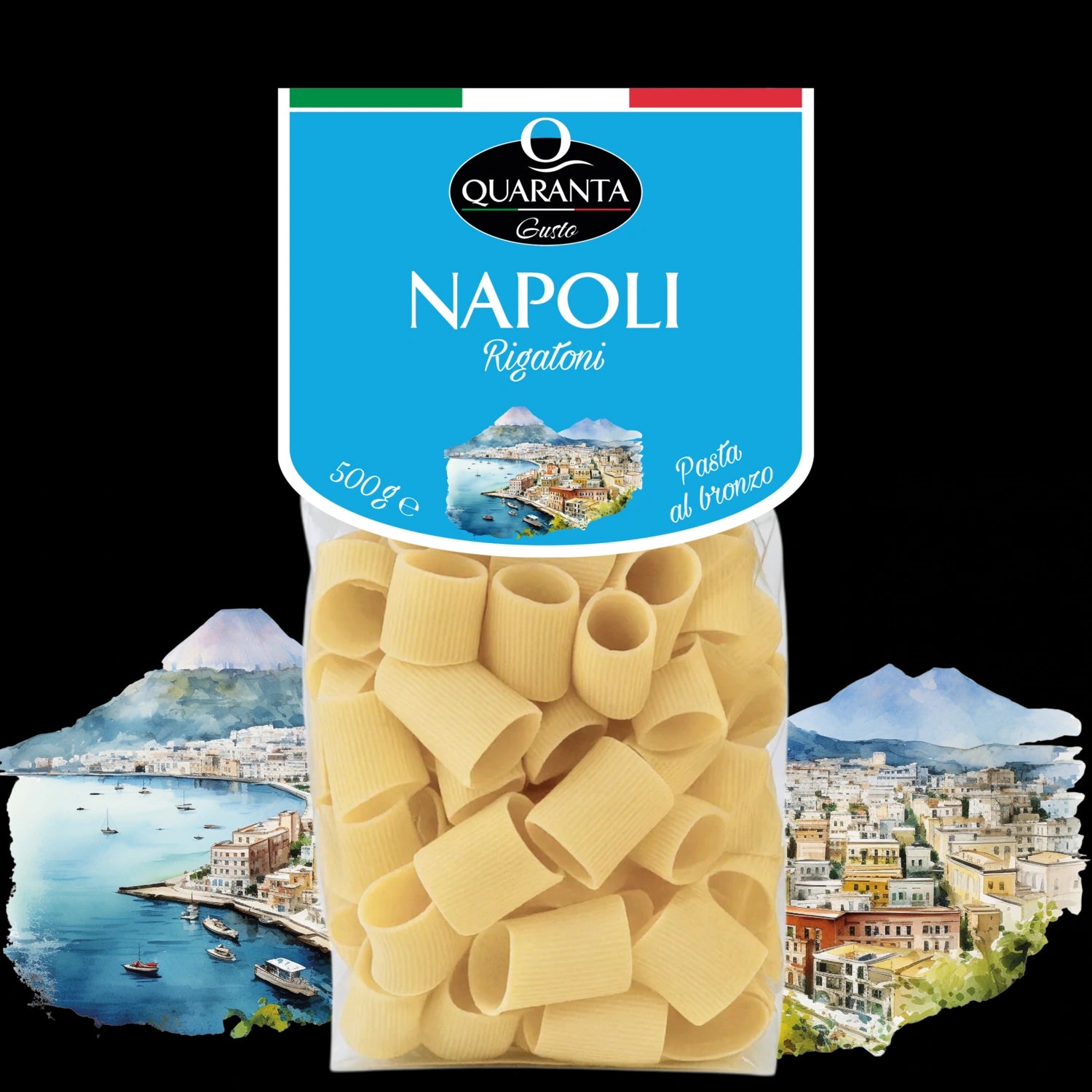 Quaranta Pasta Napoli – Rigatoni al bronzo vor der Silhouette der Stadt Neapel (Vorderseite)