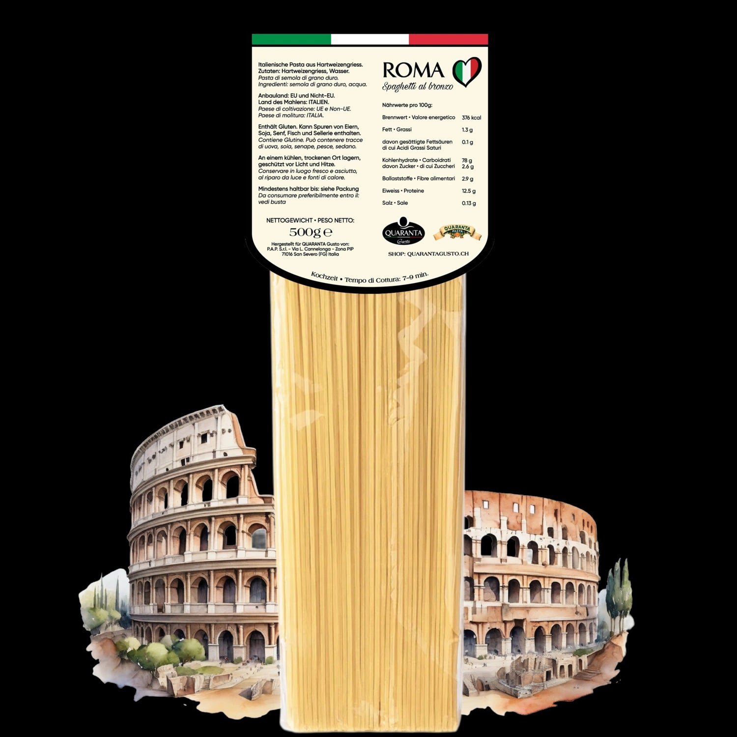 Quaranta Pasta Roma – Spaghetti al bronzo vor der Silhouette der Stadt Rom (Rückseite)