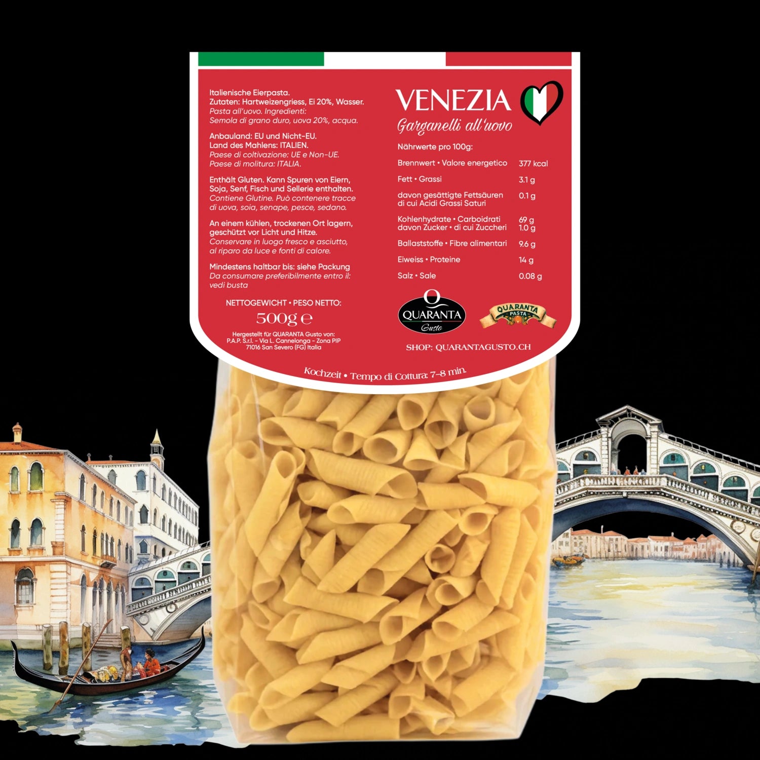 Quaranta Pasta Venezia – Garganelli all'uovo vor der Silhouette der Stadt Venedig (Rückseite)