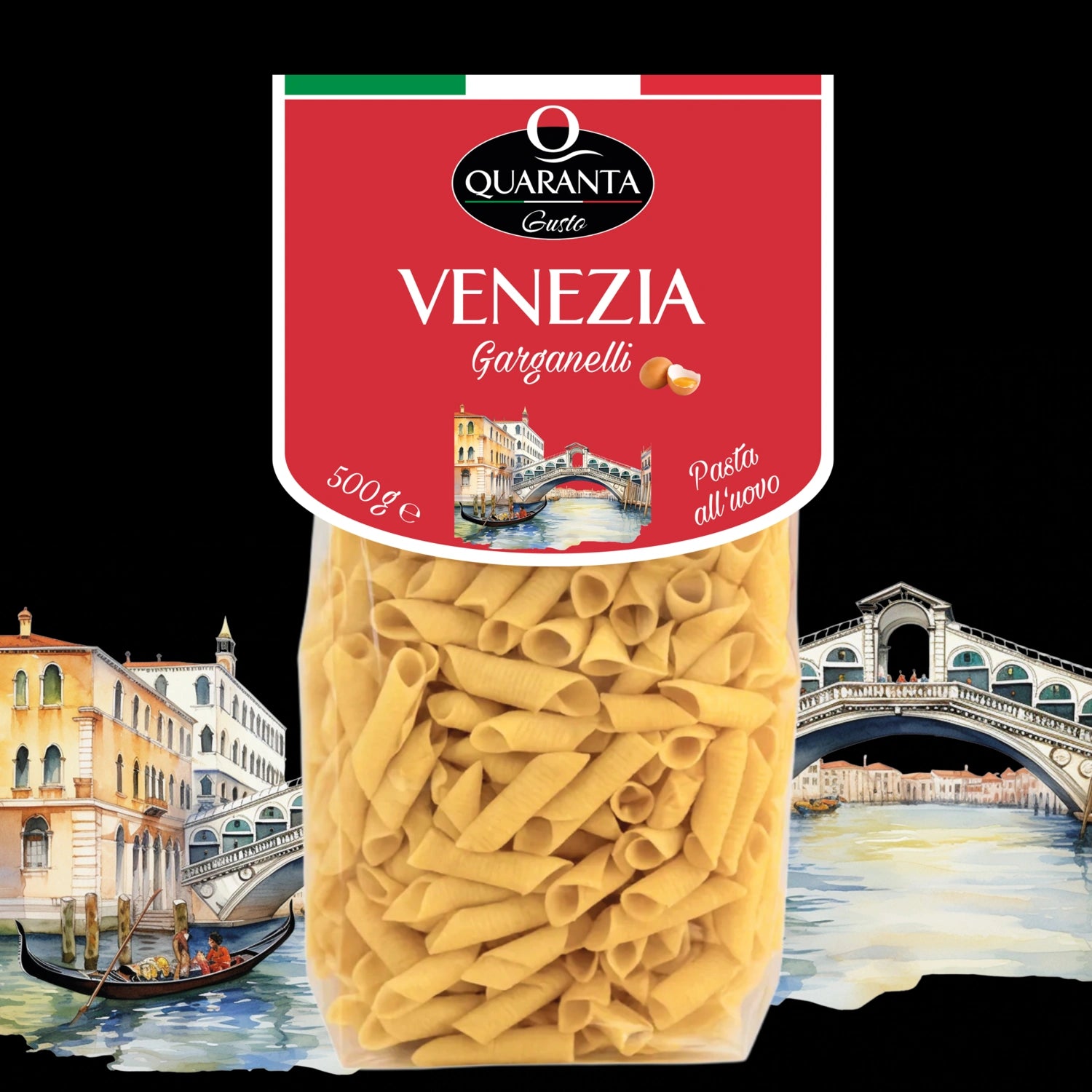 Quaranta Pasta Venezia – Garganelli all'uovo vor der Silhouette der Stadt Venedig (Vorderseite)